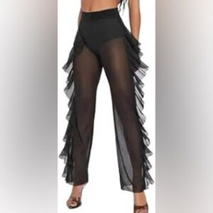 Uptown Black Ruffle sheer Wide-Leg Pants